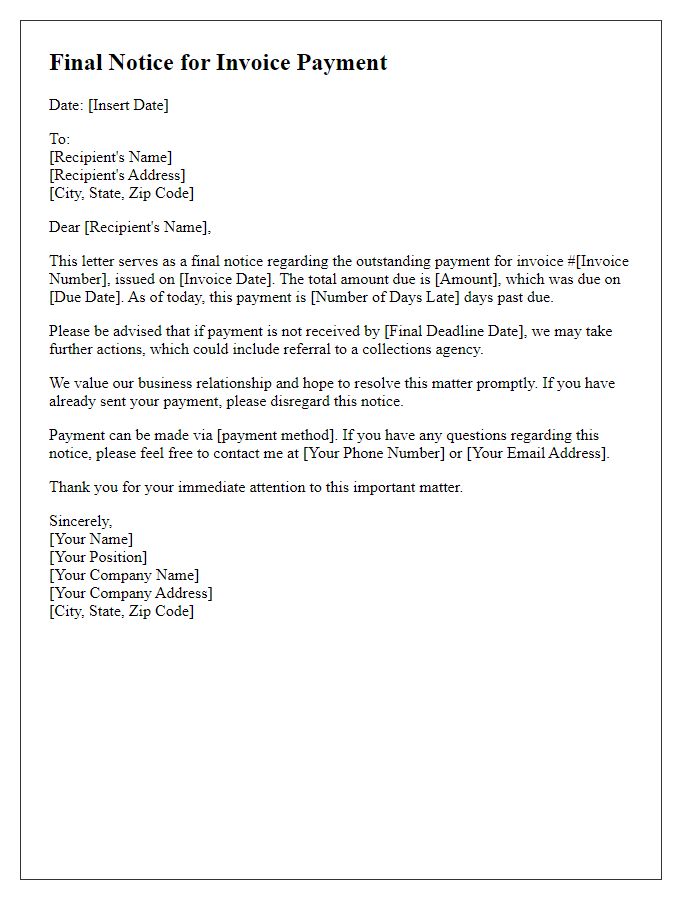 Letter template of final notice for invoice payment