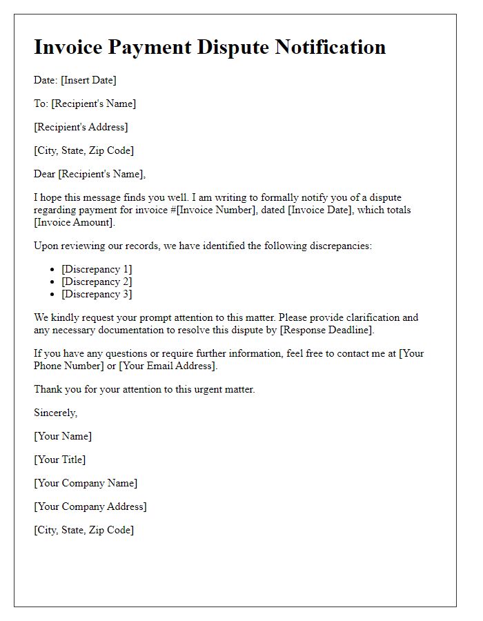 Letter template of invoice payment dispute notification