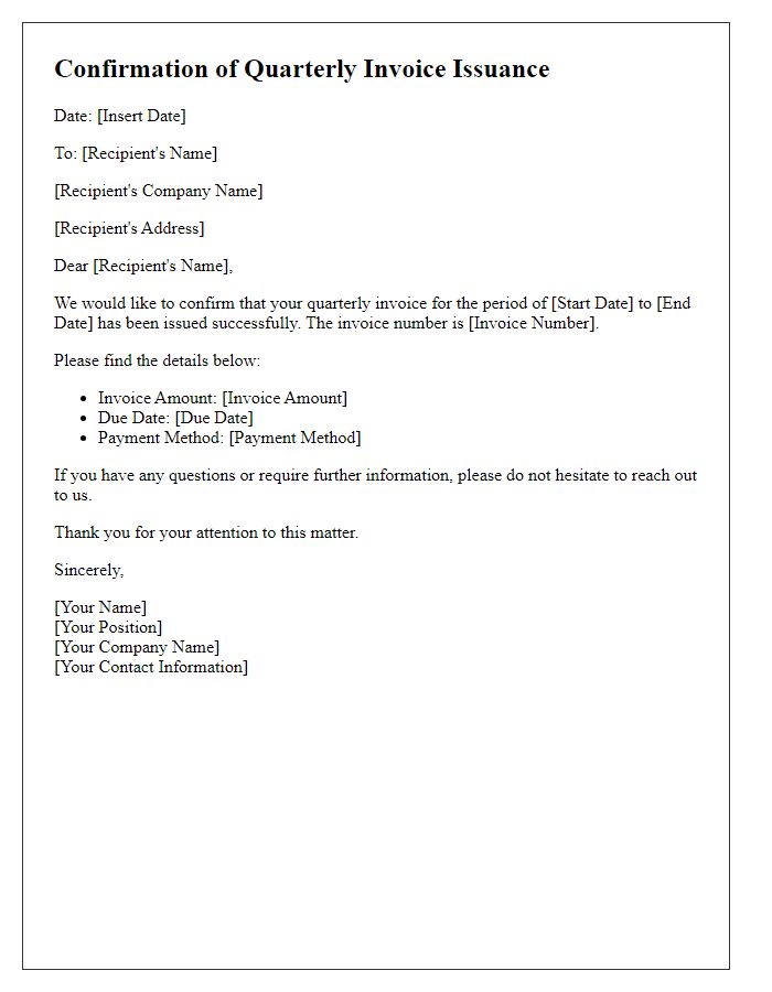 Letter template of confirmation for quarterly invoice issuance