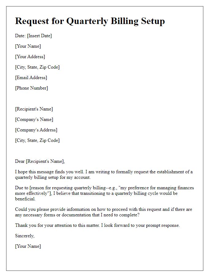 Letter template of request for quarterly billing setup