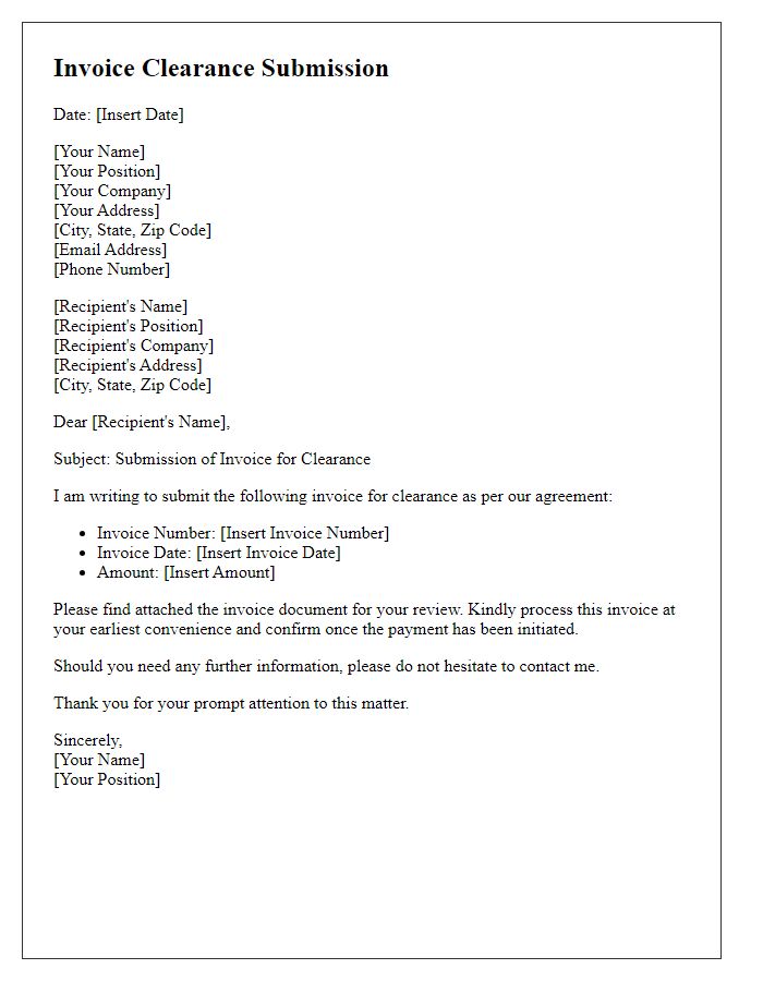 Letter template of invoice clearance submission