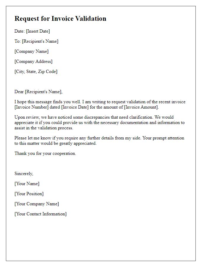 Letter template of request for invoice validation