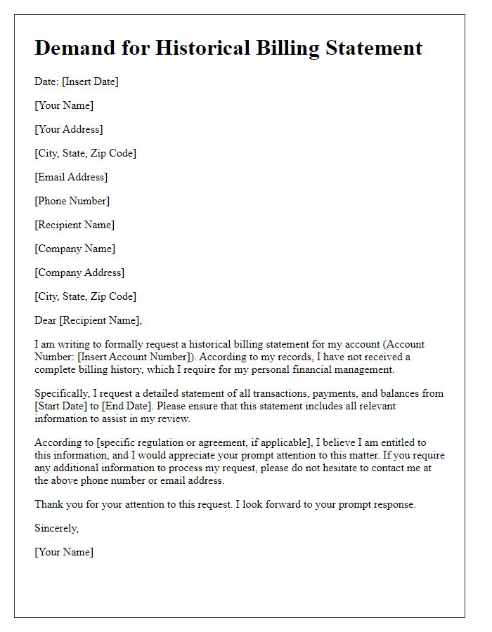 Letter template of demand for historical billing statement