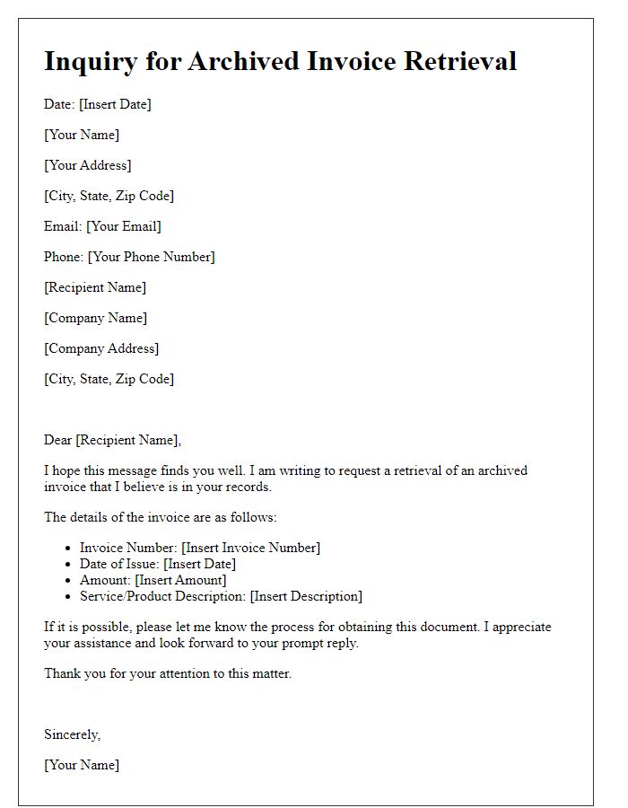 Letter template of inquiry for archived invoice retrieval
