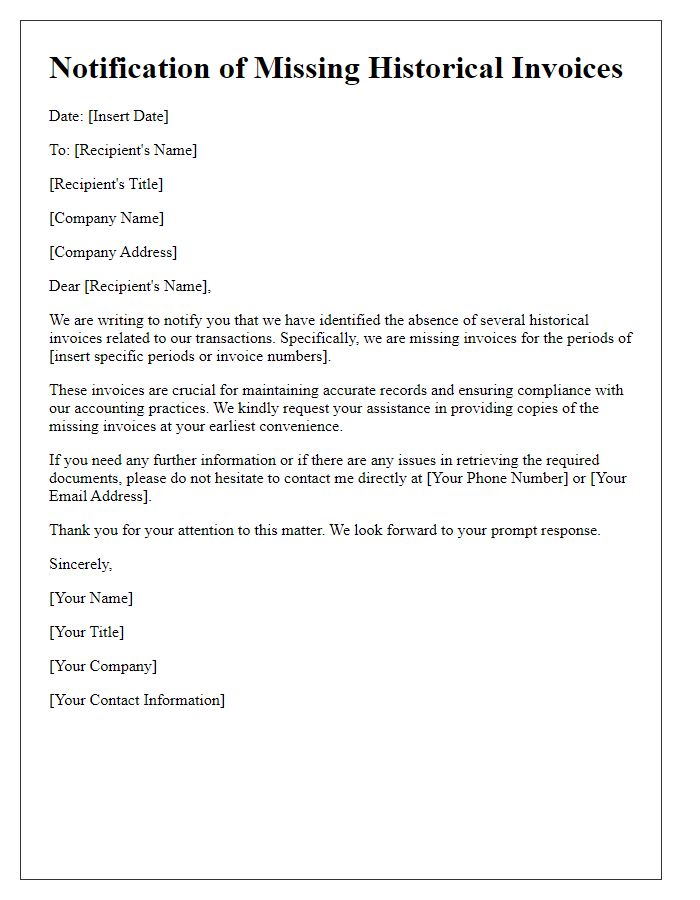 Letter template of notification for missing historical invoices