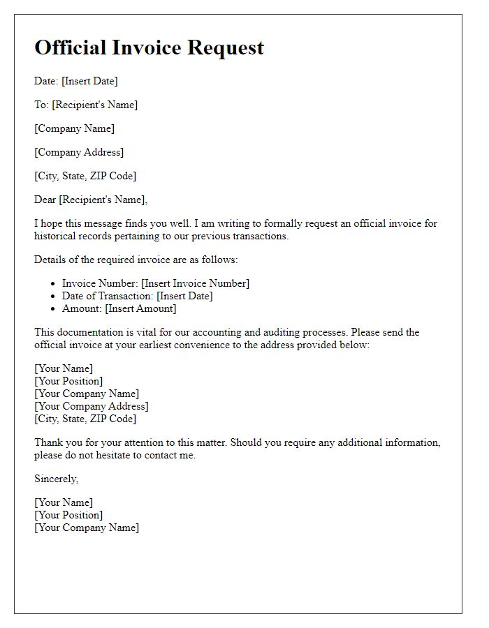 Letter template of official invoice request for historical records