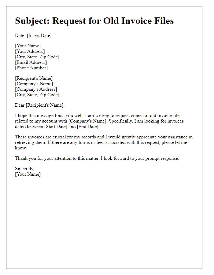 Letter template of search request for old invoice files