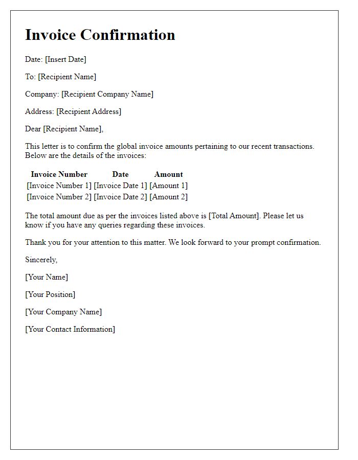 Letter template of confirmation needed for global invoice amounts.