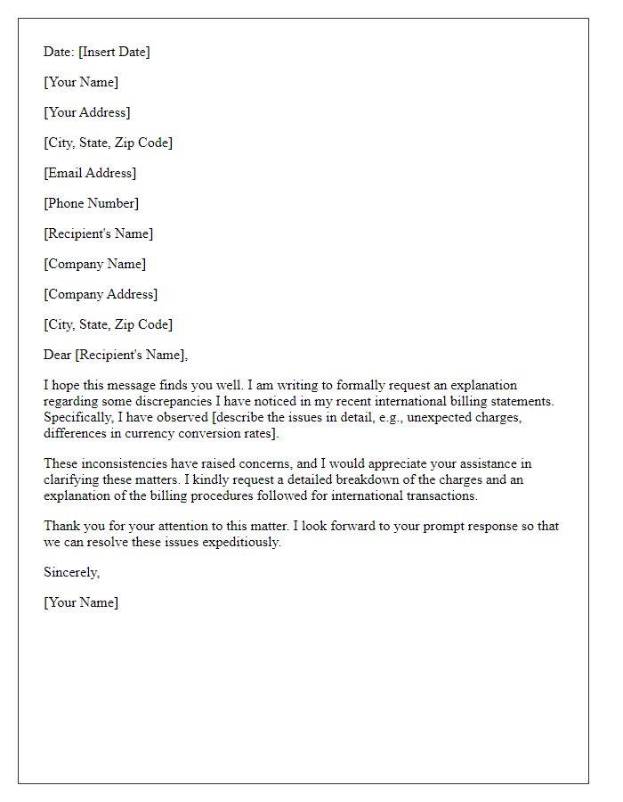 Letter template of explanation request for international billing issues.