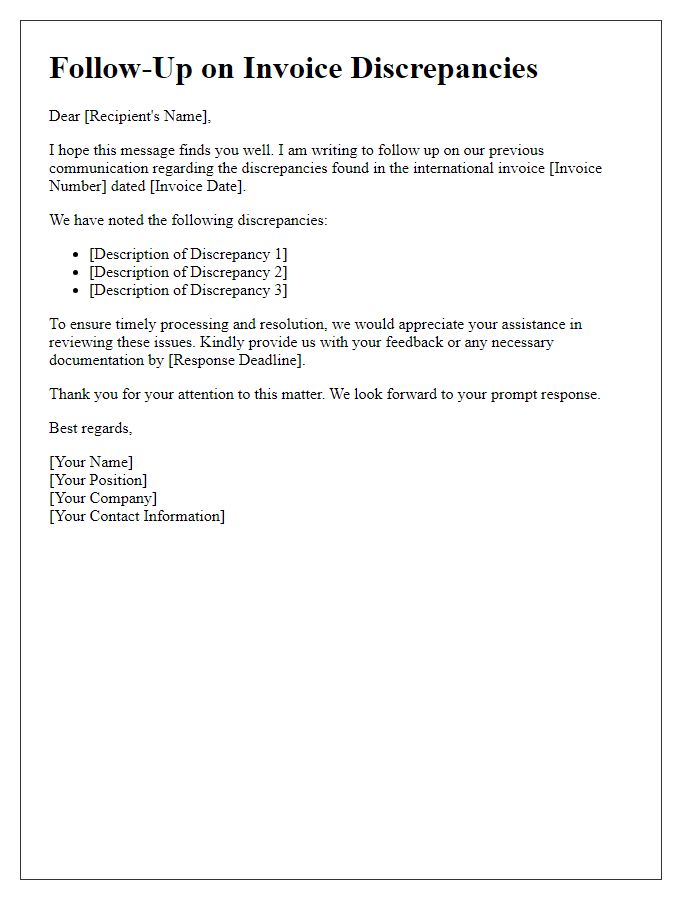 Letter template of follow-up on international invoice discrepancies.