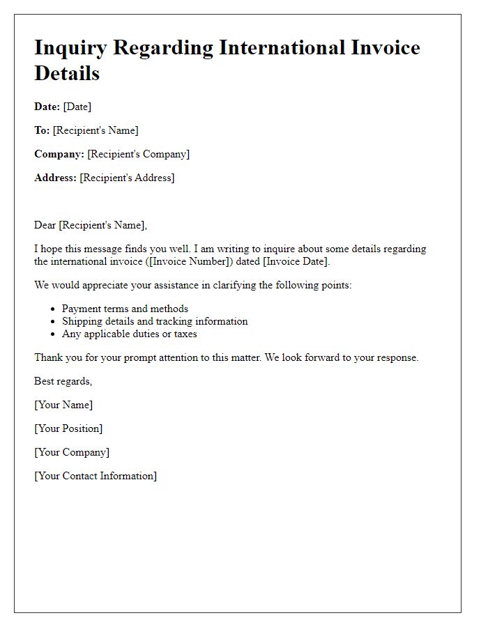 Letter template of inquiry regarding international invoice details.