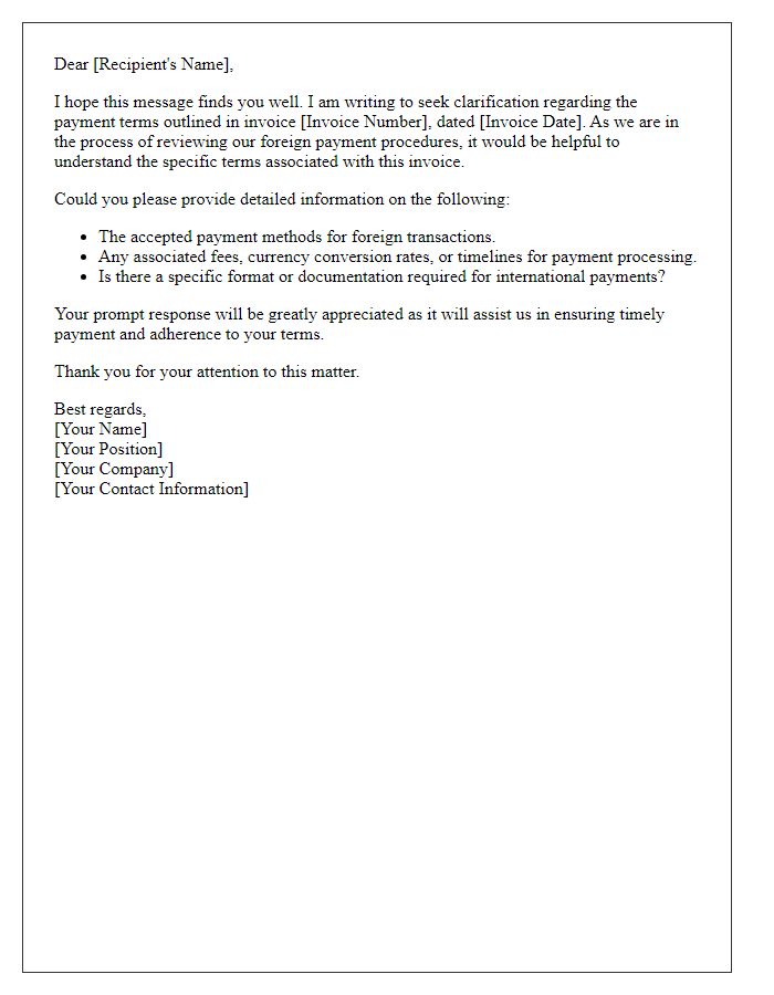 Letter template of query on foreign payment terms in invoice.