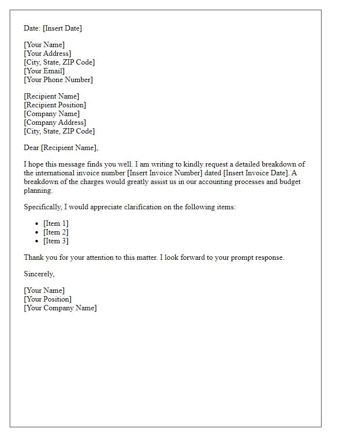 Letter template of request for detailed breakdown of international invoice.