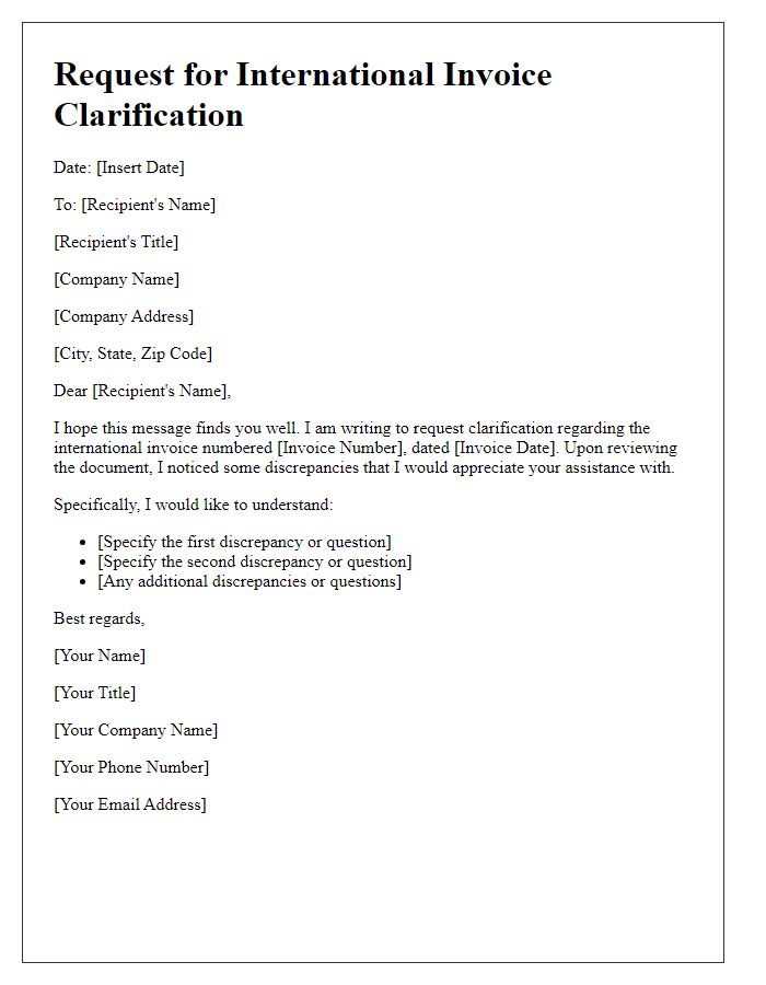 Letter template of request for international invoice clarification.