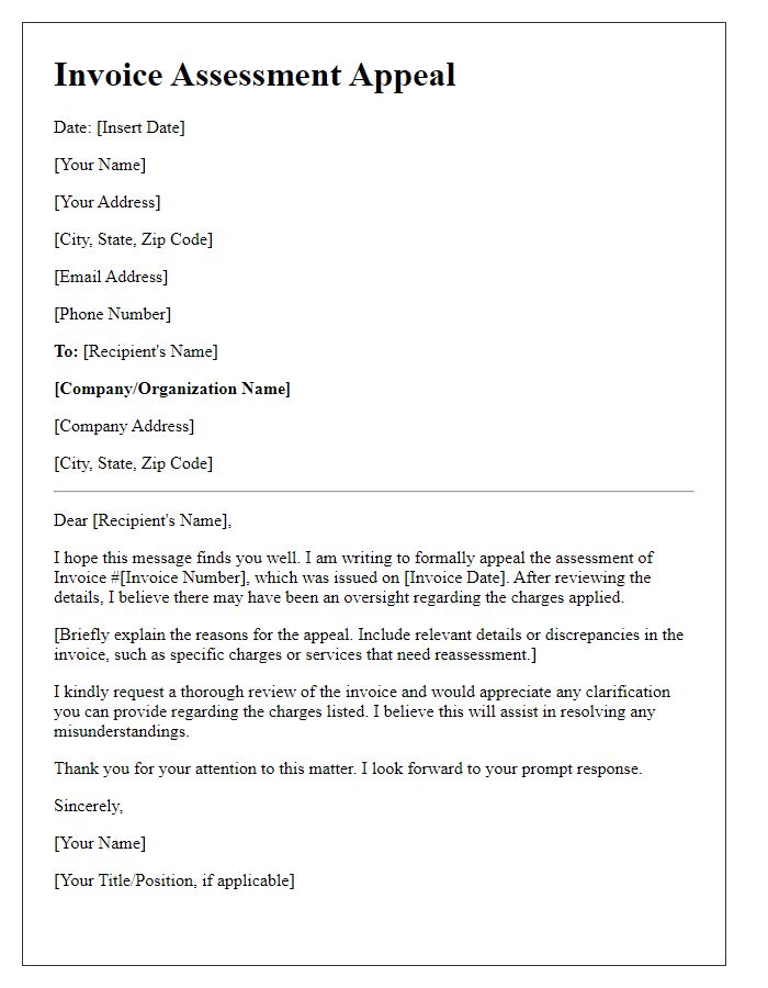 Letter template of appeal for invoice assessment