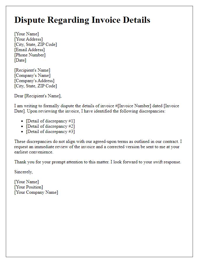 Letter template of dispute regarding invoice details