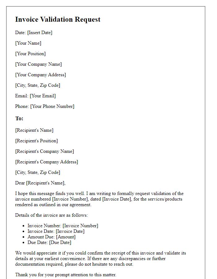 Letter template of invoice validation request