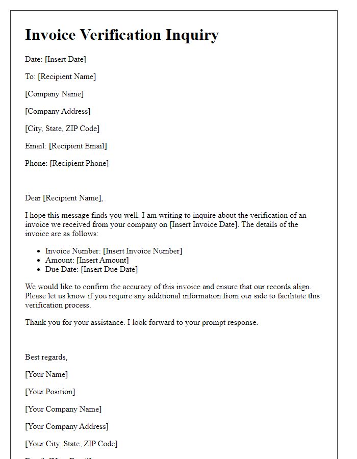 Letter template of invoice verification inquiry