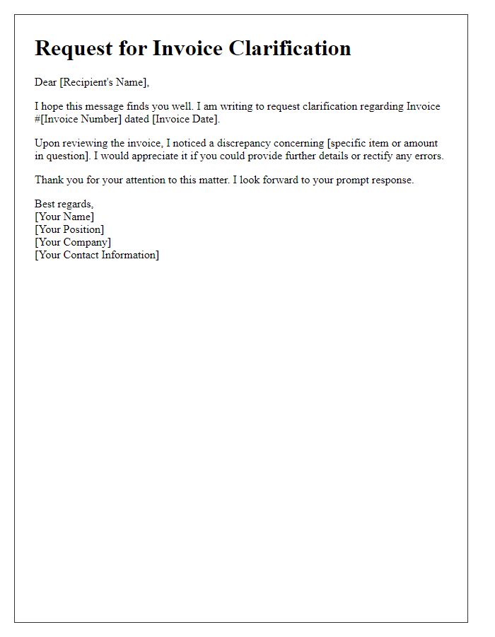 Letter template of request for invoice clarification