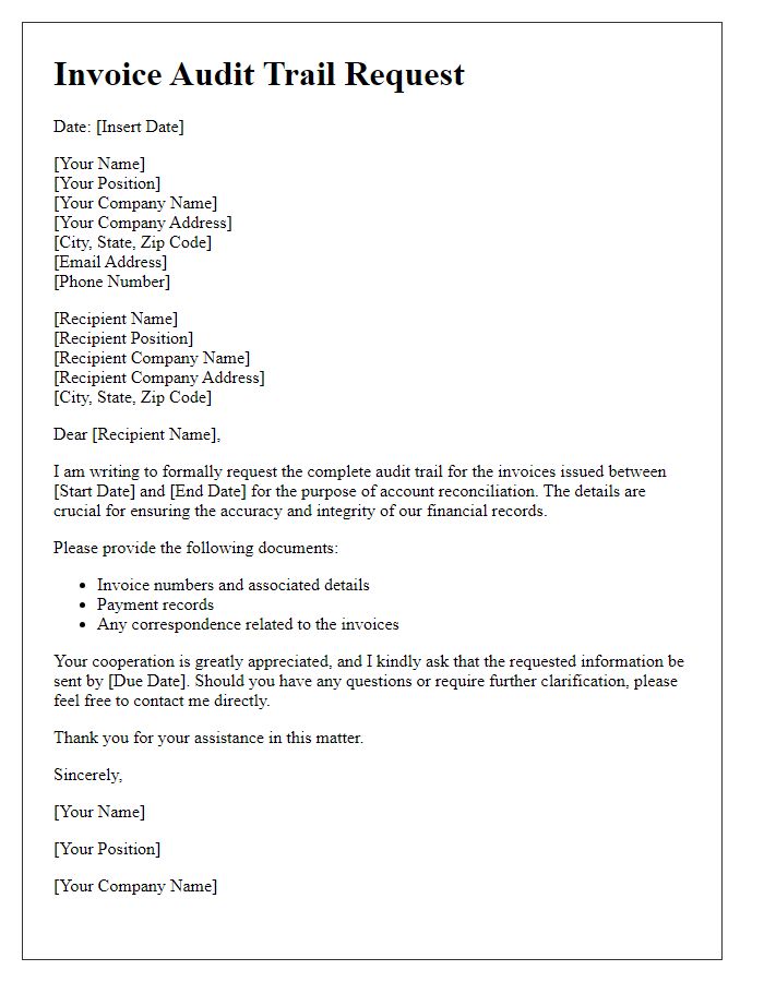 Letter template of invoice audit trail request for account reconciliation.