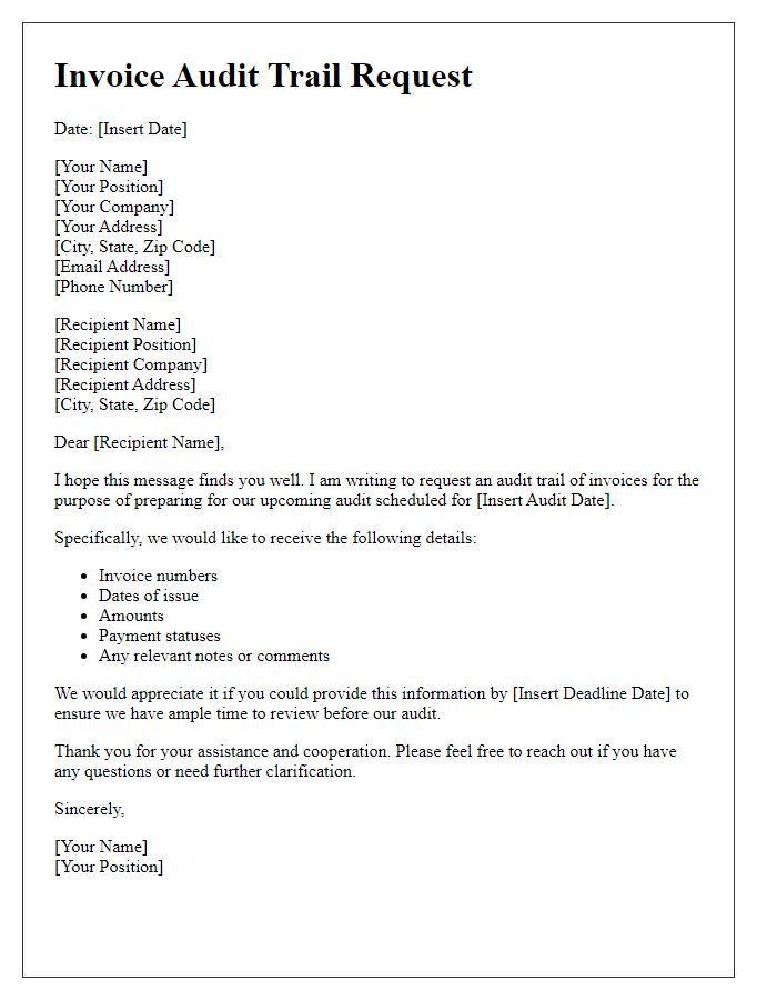 Letter template of invoice audit trail request for audit preparation.