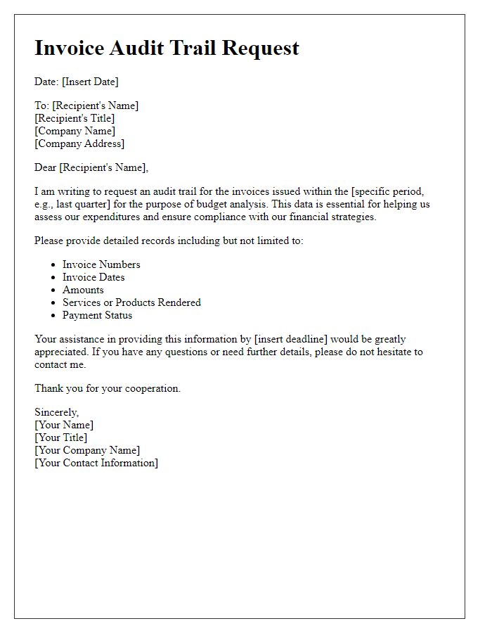 Letter template of invoice audit trail request for budget analysis.