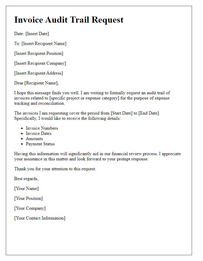 Letter template of invoice audit trail request for expense tracking.