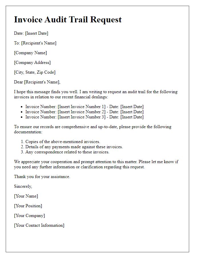 Letter template of invoice audit trail request for financial documentation.