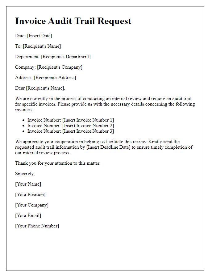 Letter template of invoice audit trail request for internal review process.