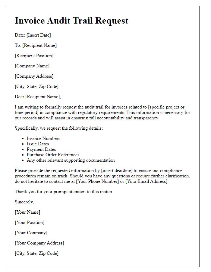 Letter template of invoice audit trail request for regulatory compliance.