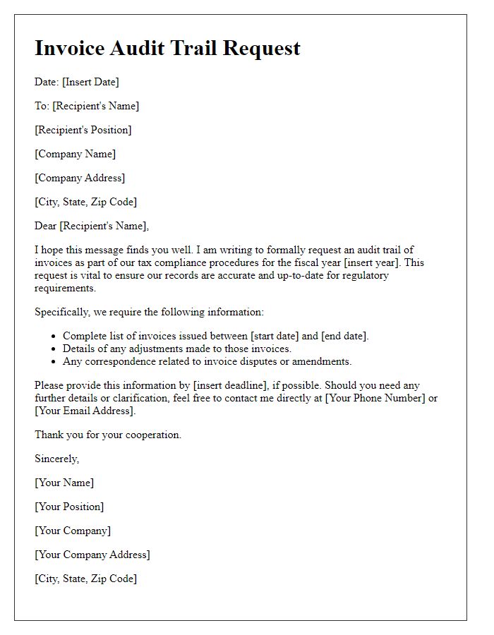 Letter template of invoice audit trail request for tax compliance.