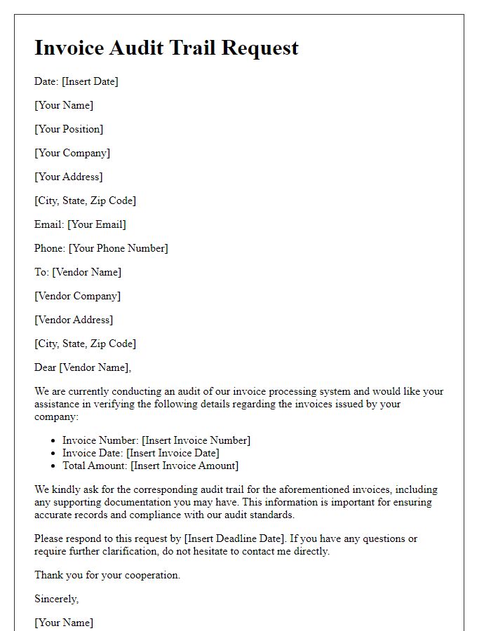 Letter template of invoice audit trail request for vendor verification.