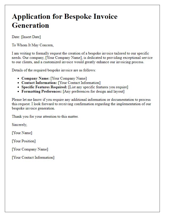 Letter template of application for bespoke invoice generation