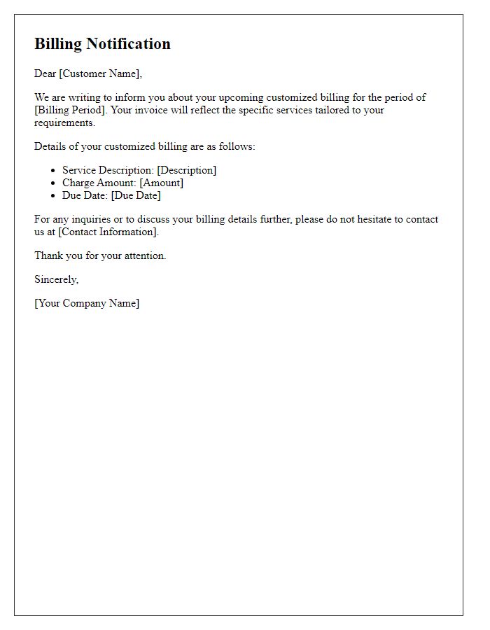 Letter template of notification for customized billing