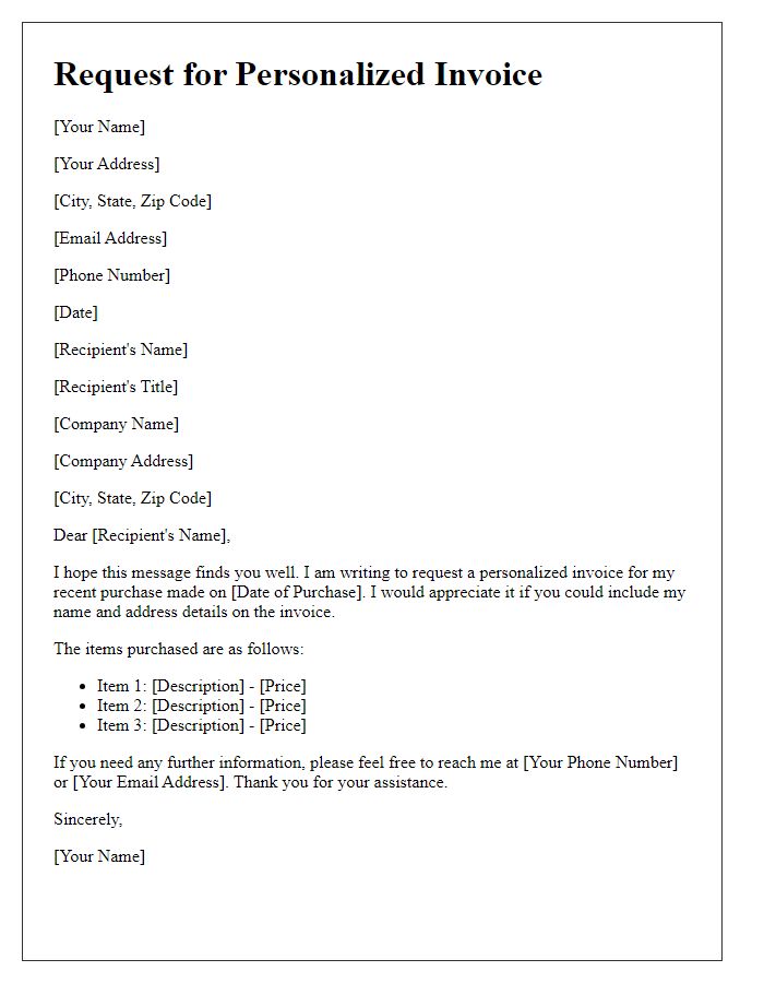 Letter template of request for a personalized invoice