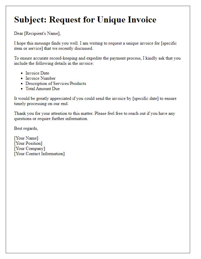 Letter template of solicitation for unique invoice request