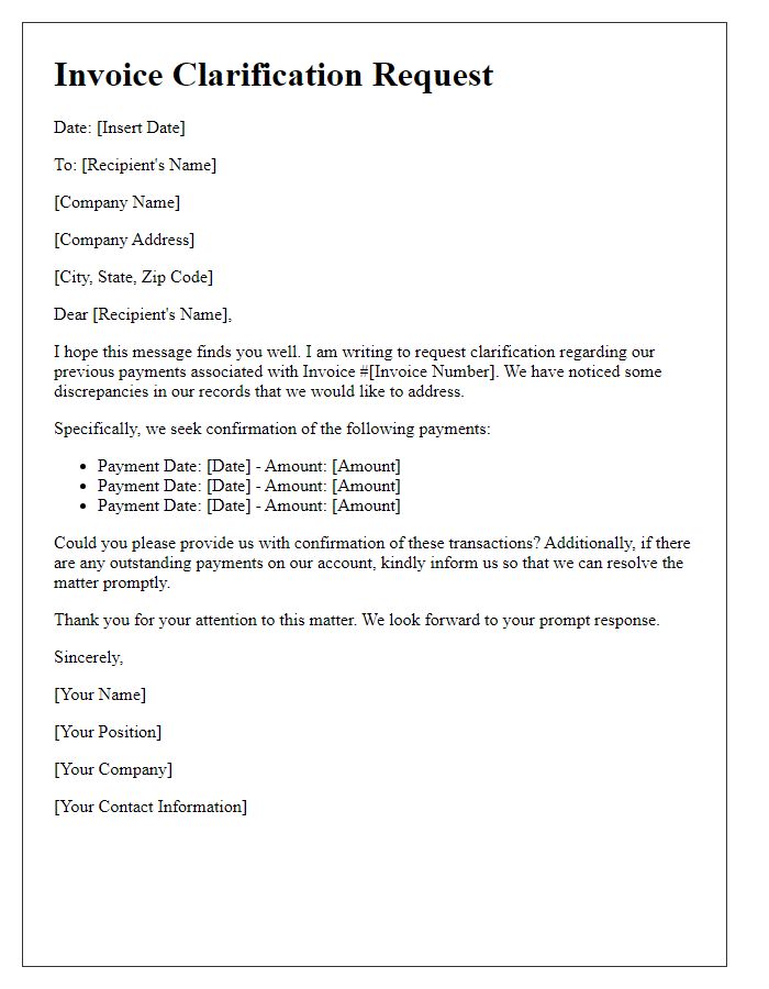 Letter template of invoice clarification request about previous payments