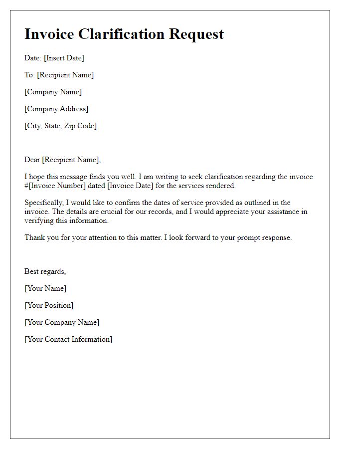 Letter template of invoice clarification request about service dates
