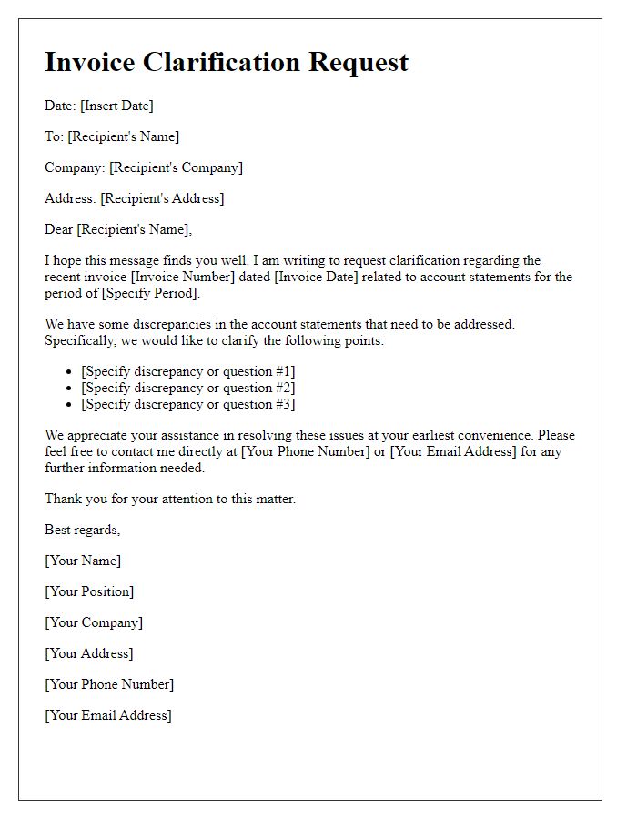 Letter template of invoice clarification request for account statements