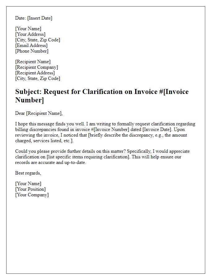 Letter template of invoice clarification request for billing discrepancies