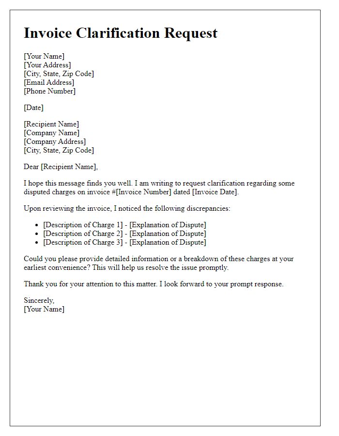 Letter template of invoice clarification request for disputed charges