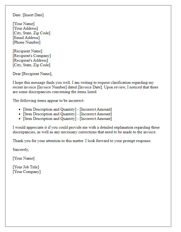 Letter template of invoice clarification request for incorrect items