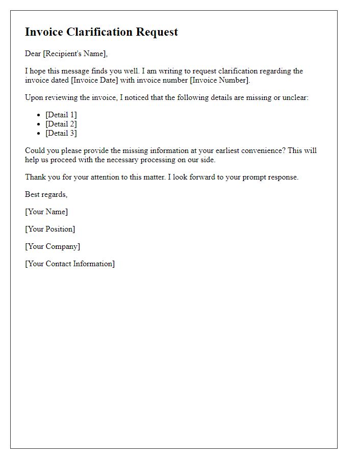 Letter template of invoice clarification request for missing details