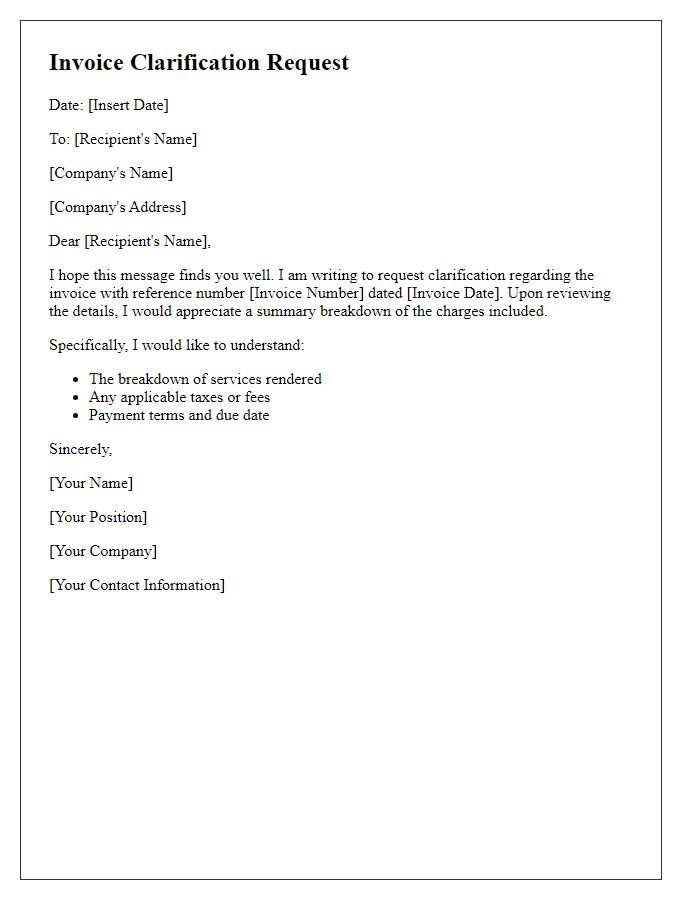 Letter template of invoice clarification request for summary breakdown