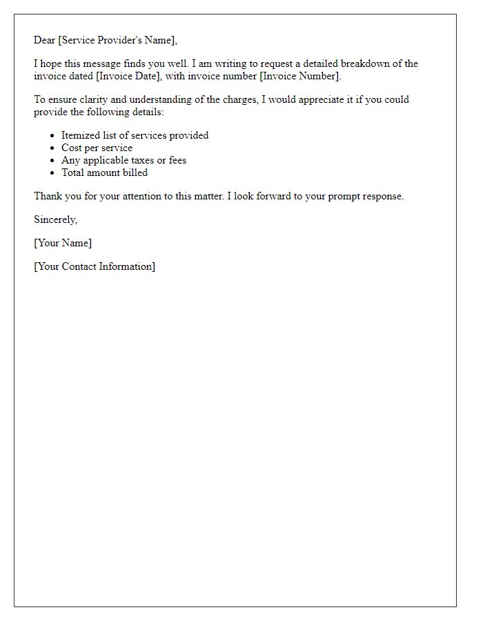 Letter template of service invoice breakdown inquiry