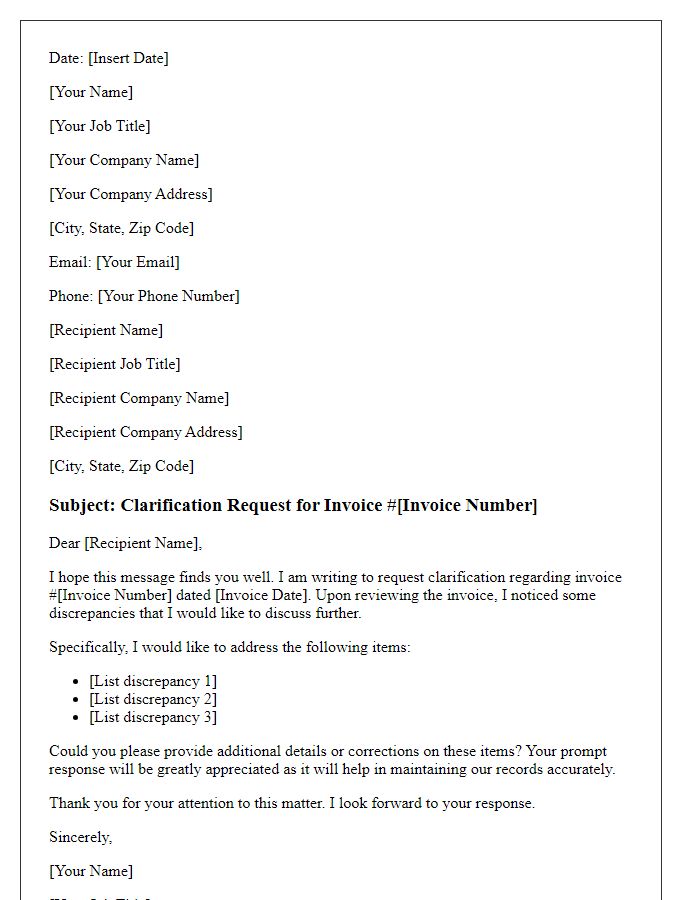 Letter template of service invoice clarification request