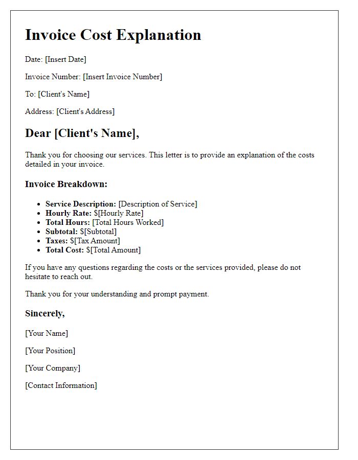Letter template of service invoice cost explanation