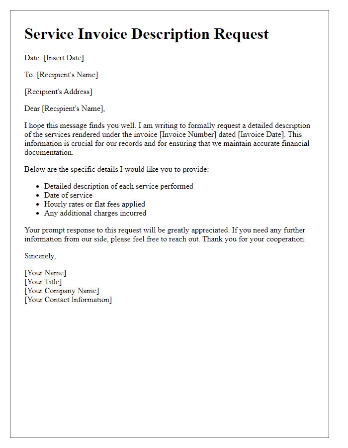 Letter template of service invoice descriptions request