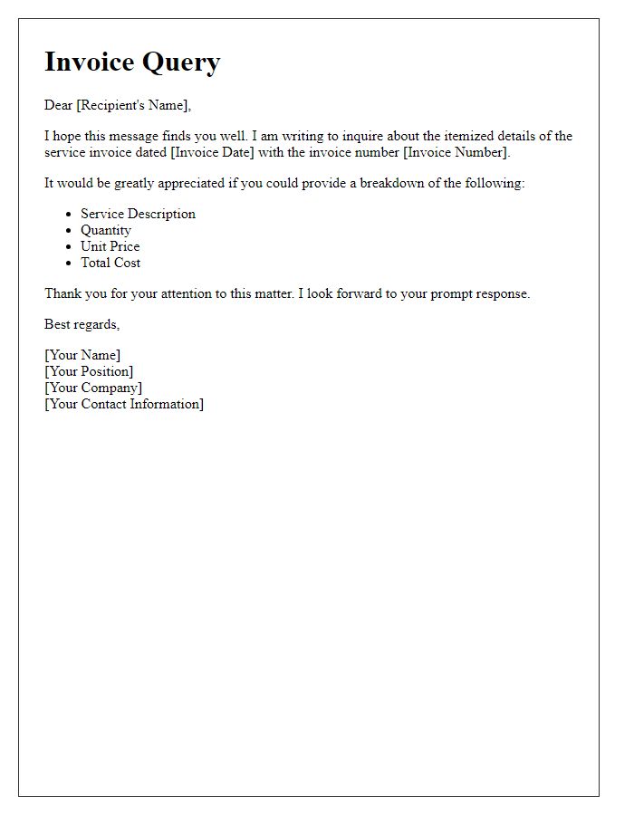 Letter template of service invoice itemization query