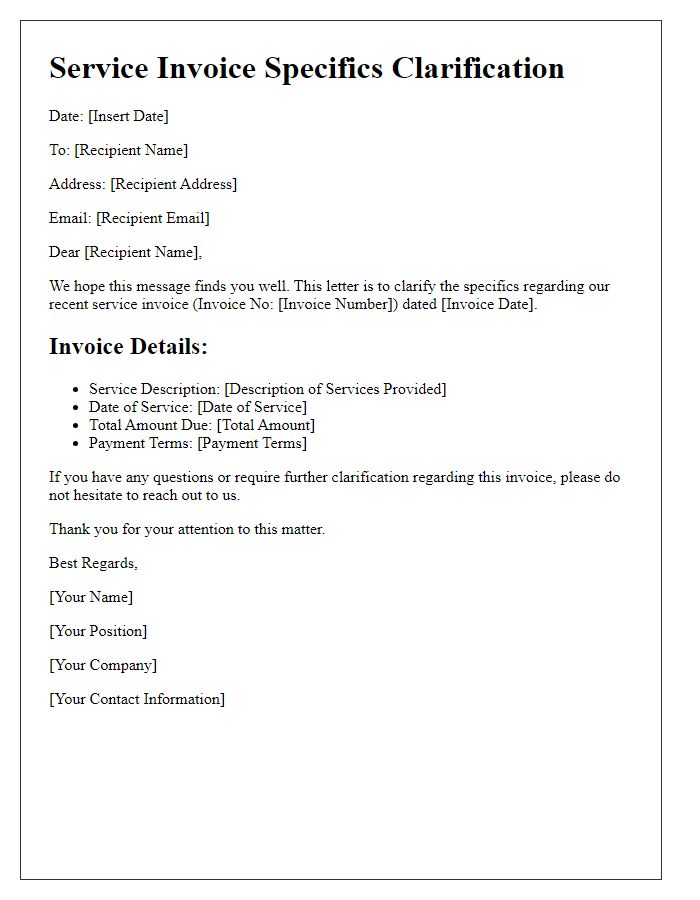 Letter template of service invoice specifics clarification